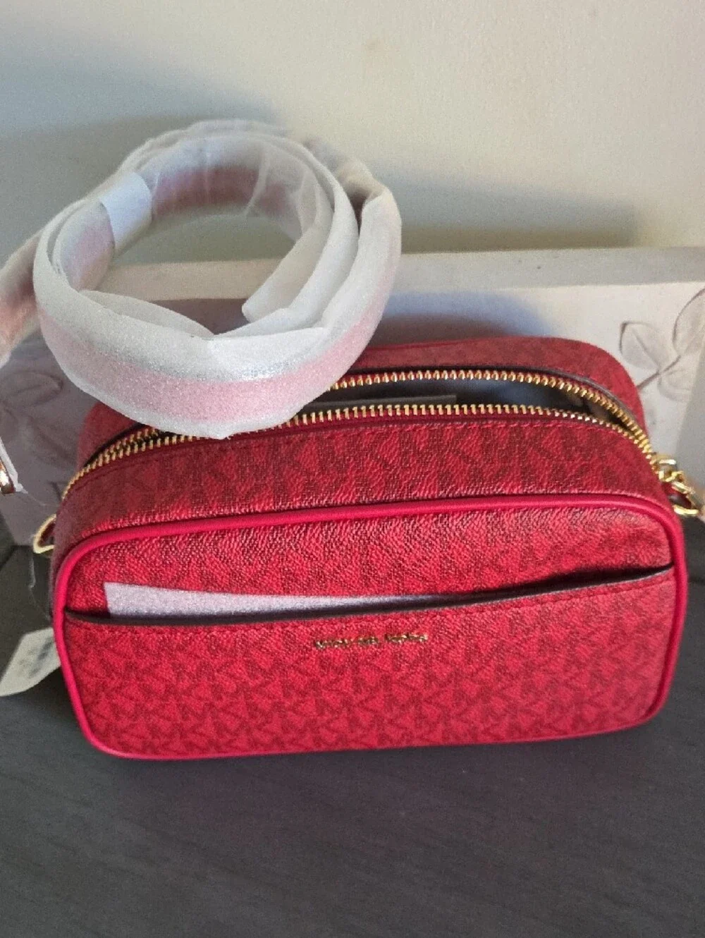 Michael Kors Jet Set Small Red Signature Logo Camera Crossbody Bag